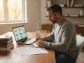 Mężczyzna pochyla się nad notatkami, pracując nad projektem. Na ekranie laptopa schemat blokowy, obok stos książek. To jego codzienne zmagania podczas studiów magisterskich.