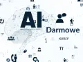 Grafika z mózgiem AI i ikonami symbolizującymi technologię, biznes i naukę. Napis "Darmowe KURSY AI" zachęca do nauki.