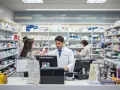 Farmaceuta w białym fartuchu obsługuje klienta, a w tle widać półki z lekami. To praca, która może przynieść dobre zarobki.