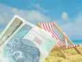 Pieniądze na plaży, leżak i błękitne niebo. To idealne połączenie, by cieszyć się zasłużonym świadczeniem urlopowym.