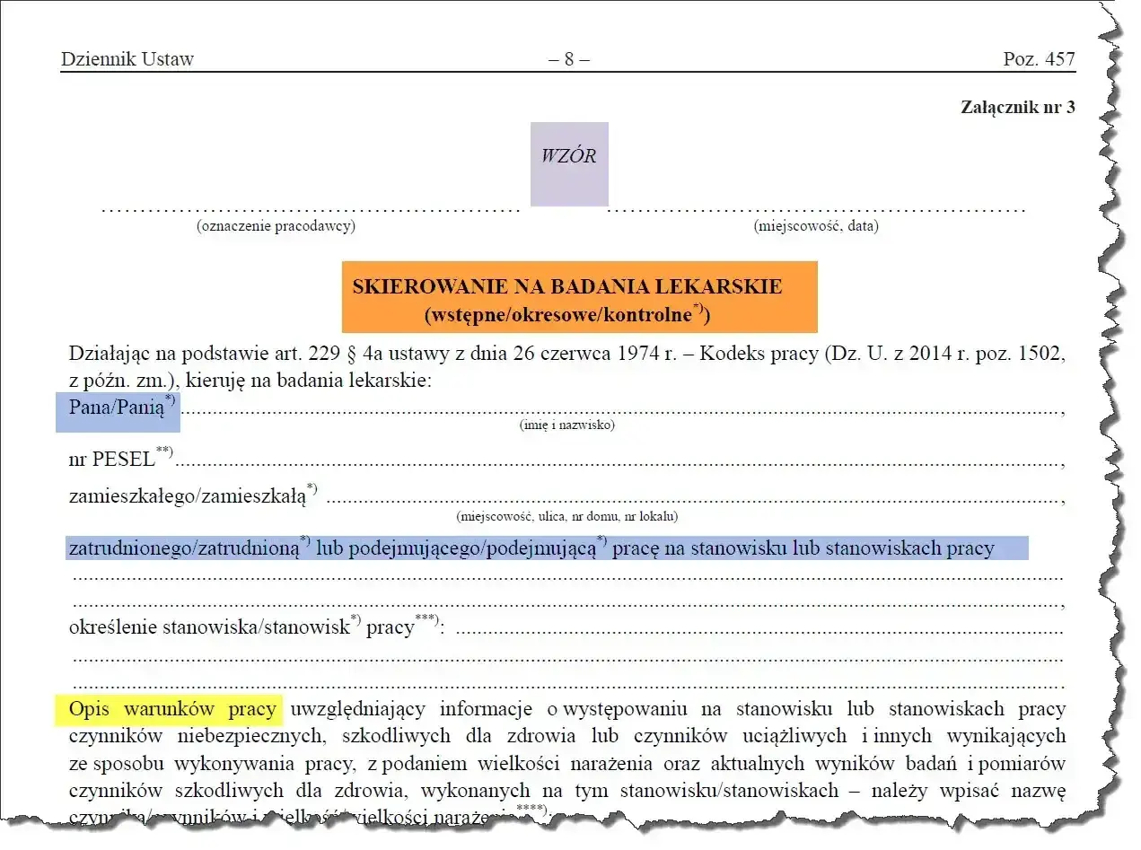 Skierowanie na badania lekarskie (okresowe/kontrolne) dla pracownika. Wpisanie danych pracownika i stanowiska pracy.