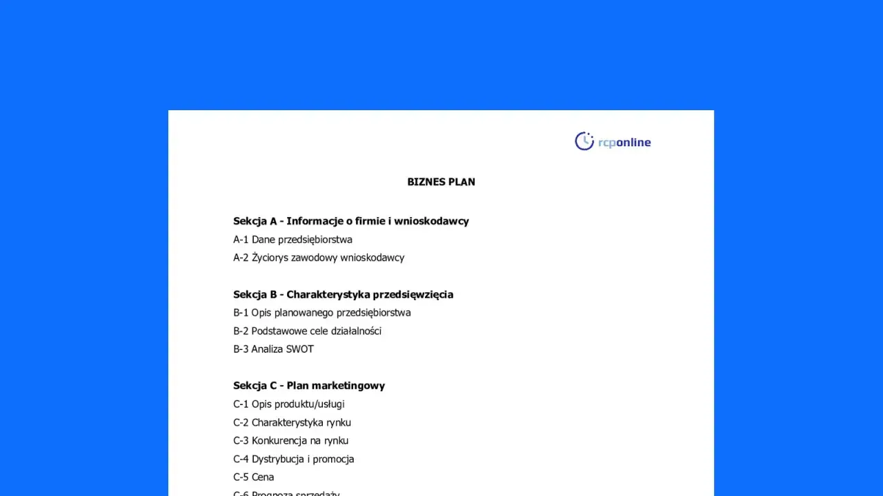 Struktura biznesplanu: informacje o firmie, charakterystyka przedsięwzięcia i plan marketingowy.