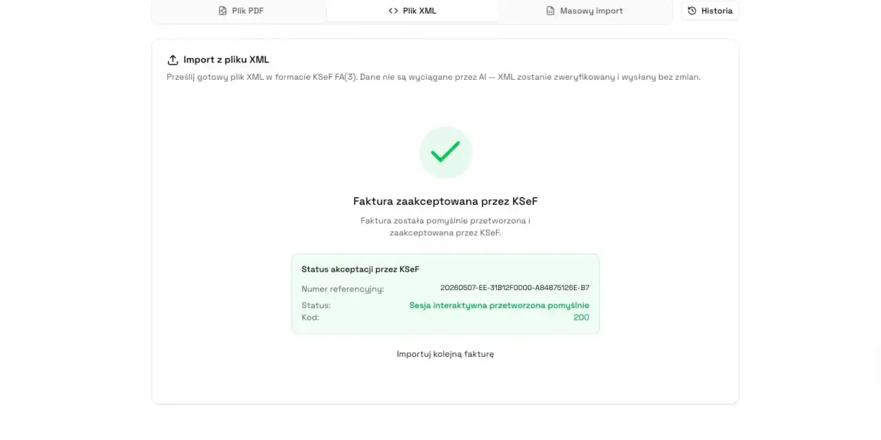 Faktura zaakceptowana przez KSeF po imporcie z pliku XML. Pokazuje status akceptacji i numer referencyjny, co jest kluczowe, jak wystawić fakturę.