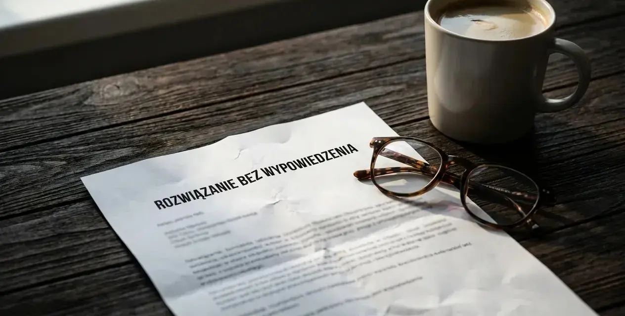 Dokument "Rozwiązanie bez wypowiedzenia" leży obok okularów i kubka kawy. Może to być zwolnienie dyscyplinarne na L4, które wymaga przemyślenia.