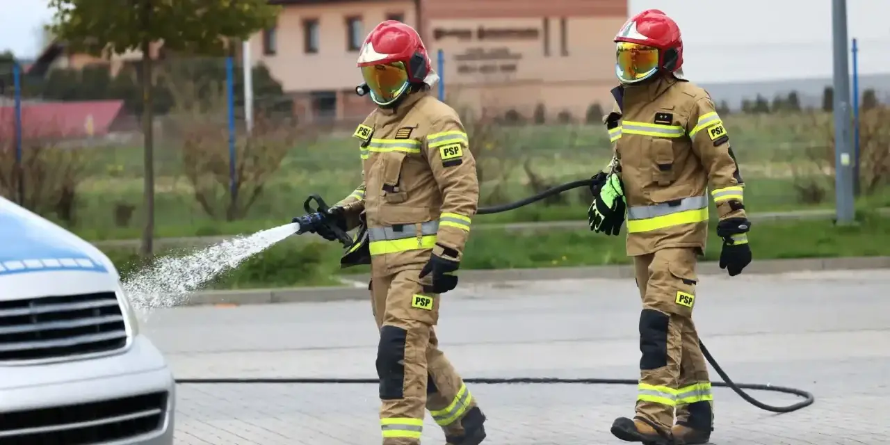 Dwóch strażaków w akcji. Jeden z nich polewa wodą samochód, drugi niesie wąż. Ciekawe, ile zarabia strażak za taką pracę.