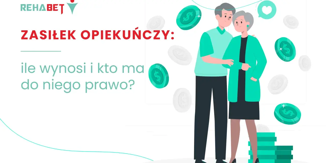 Para starszych osób, monety i tekst "ZASIŁEK OPIEKUŃCZY: ile wynosi i kto ma do niego prawo?".