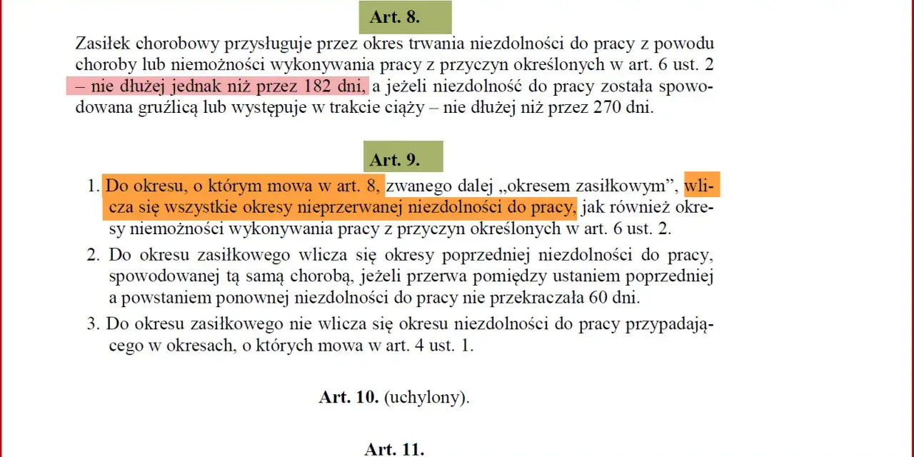 Zasiłek chorobowy trwa do 182 dni. Ponowne zwolnienie lekarskie po 182 dniach choroby jest możliwe, jeśli przerwa między zwolnieniami nie przekracza 60 dni.