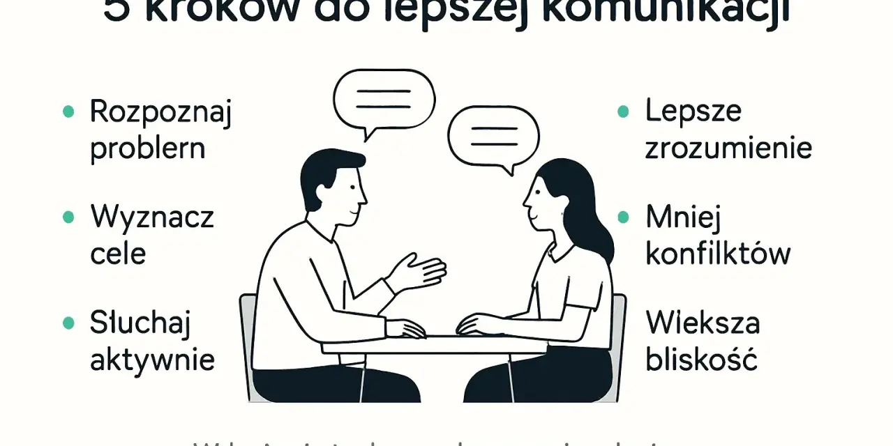 5 kroków do lepszej komunikacji: rozpoznaj problem, wyznacz cele, słuchaj aktywnie. Poprawia to komunikację interpersonalną, prowadząc do lepszego zrozumienia i mniejszej liczby konfliktów.