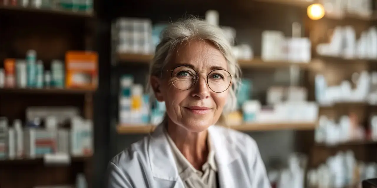 Uśmiechnięta farmaceutka w okularach, w białym fartuchu, wśród aptecznych półek. To ulga dla pracujących seniorów, którzy szukają tu wsparcia.