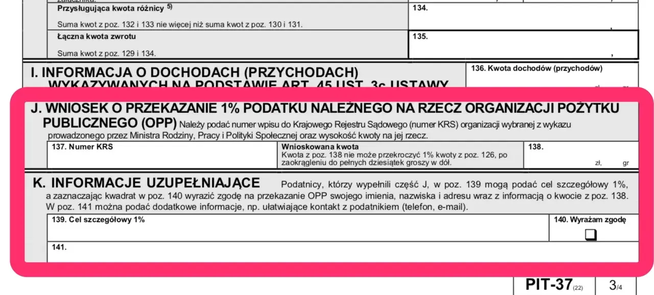 Wniosek o przekazanie 1% podatku na OPP. Wpisz numer KRS organizacji i kwotę. To jedna z opcji, co można odliczyć w PIT.