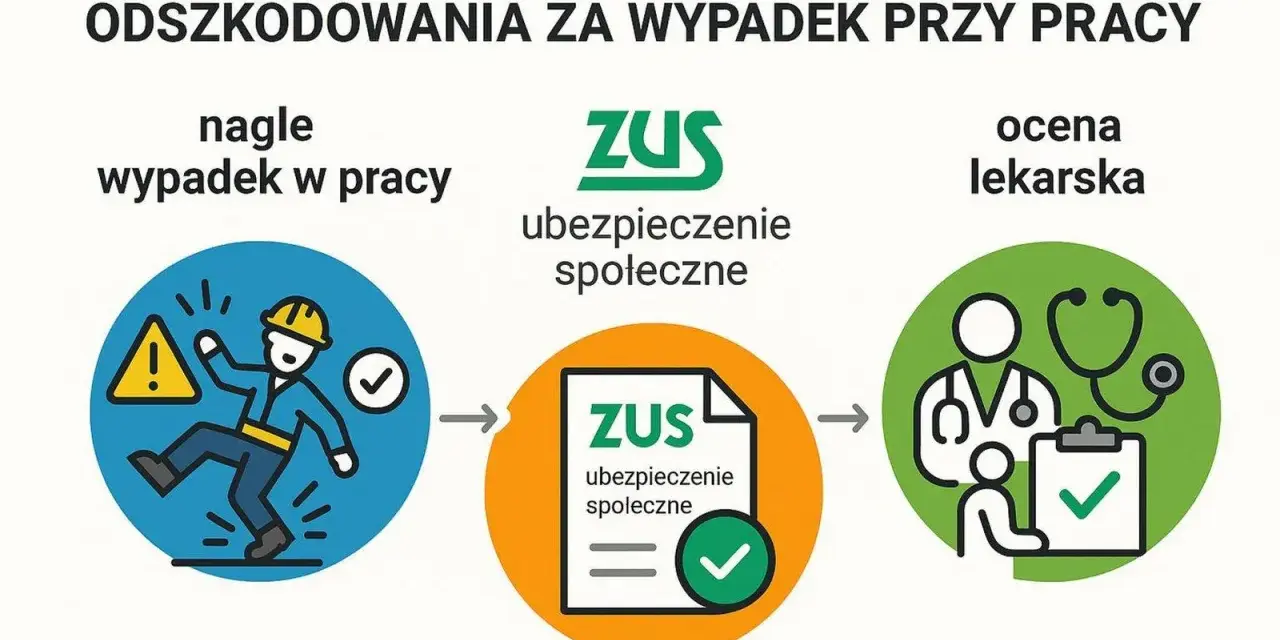 Schemat procesu dochodzenia odszkodowania za wypadek przy pracy: nagły wypadek, ubezpieczenie społeczne ZUS, ocena lekarska.