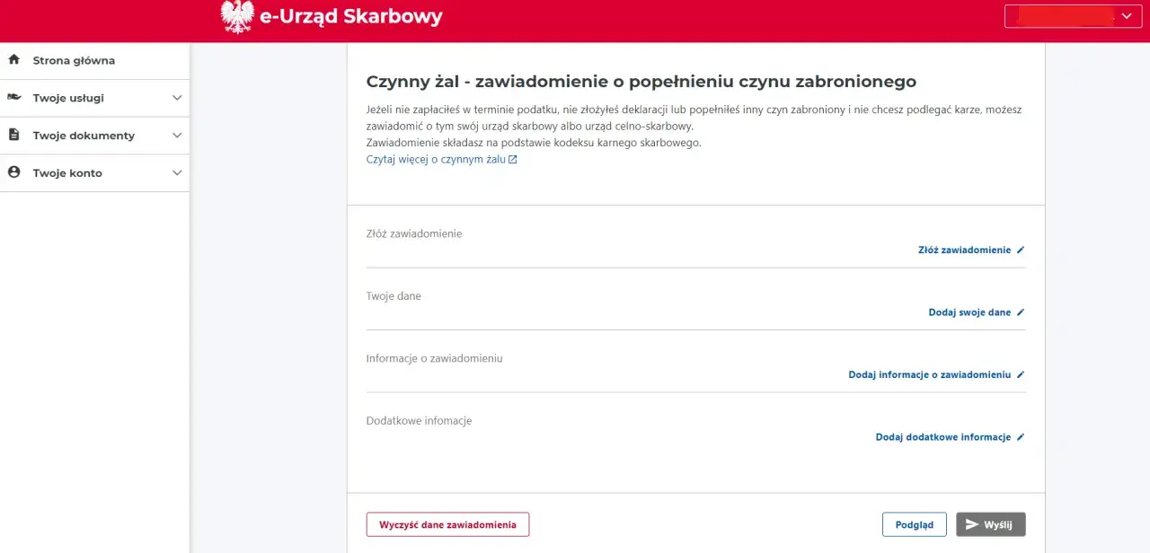 Formularz "Czynny żal - zawiadomienie o popełnieniu czynu zabronionego" w e-Urzędzie Skarbowym. Możesz tu złożyć zawiadomienie, jak napisać czynny żal do urzędu skarbowego.