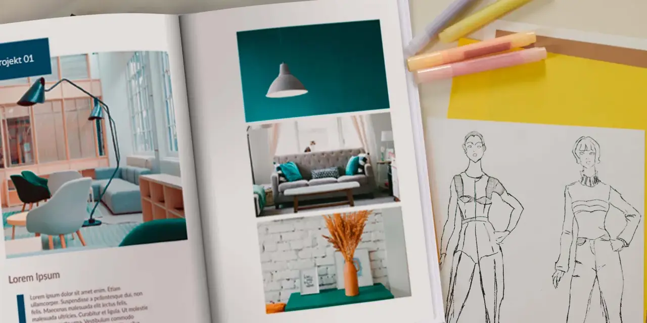 Otwarta księga z inspiracjami: projekt wnętrz i szkice modowe. To moje portfolio.