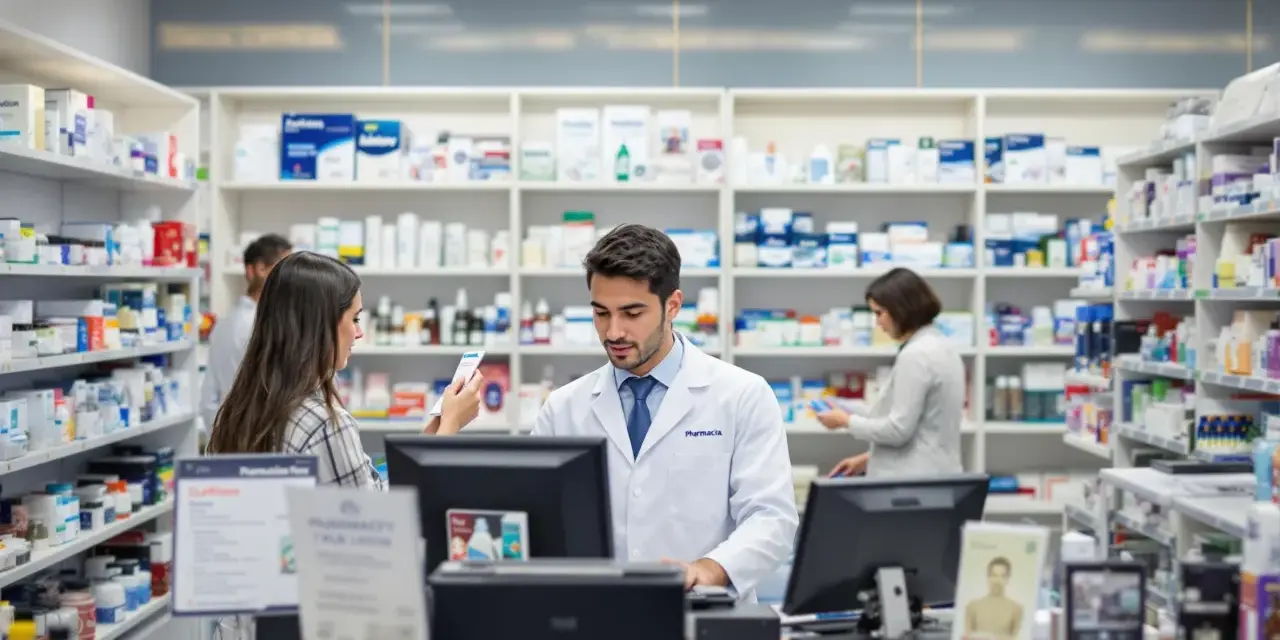 Farmaceuta w białym fartuchu obsługuje klienta, a w tle widać półki z lekami. To praca, która może przynieść dobre zarobki.