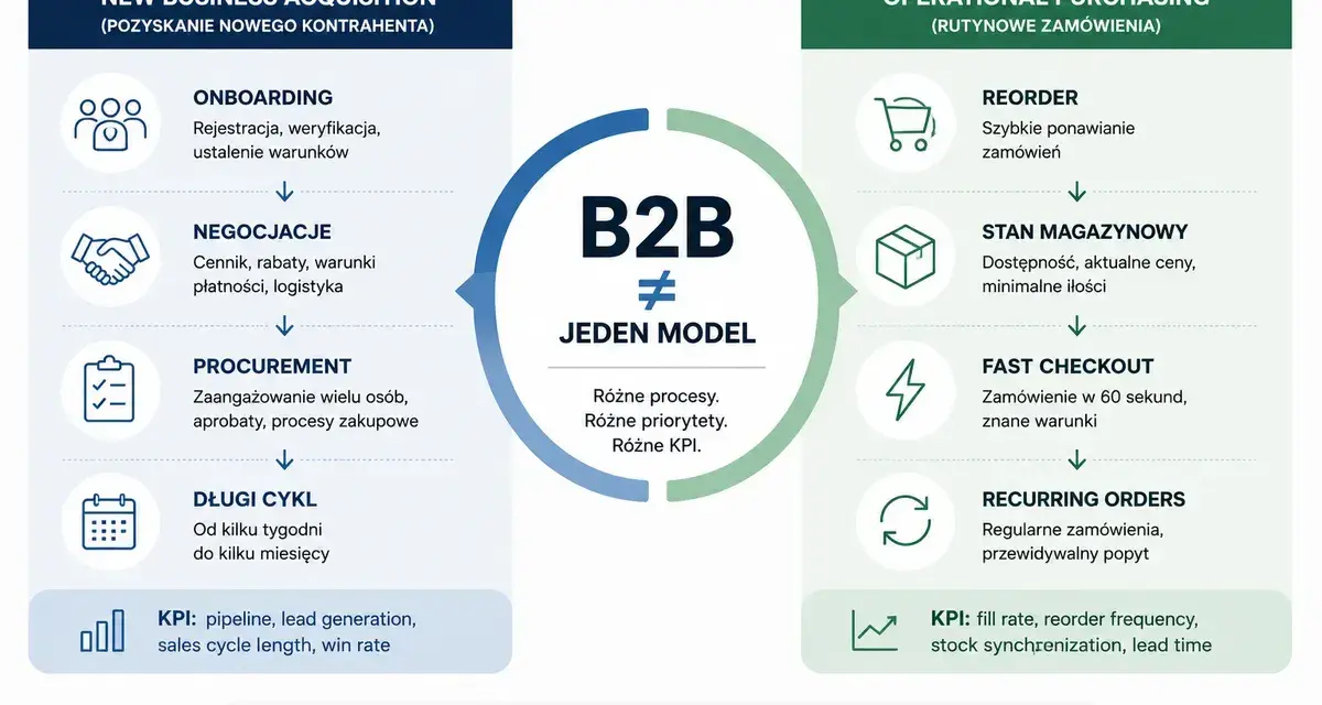 B2B to dwa modele: pozyskiwanie nowych kontrahentów (onboarding, negocjacje, długi cykl) i rutynowe zamówienia (reorder, szybki checkout).