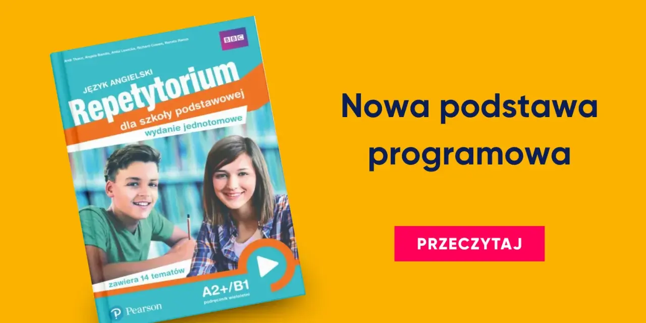 Okładka podręcznika "Repetytorium Język Angielski" z uśmiechniętymi uczniami.