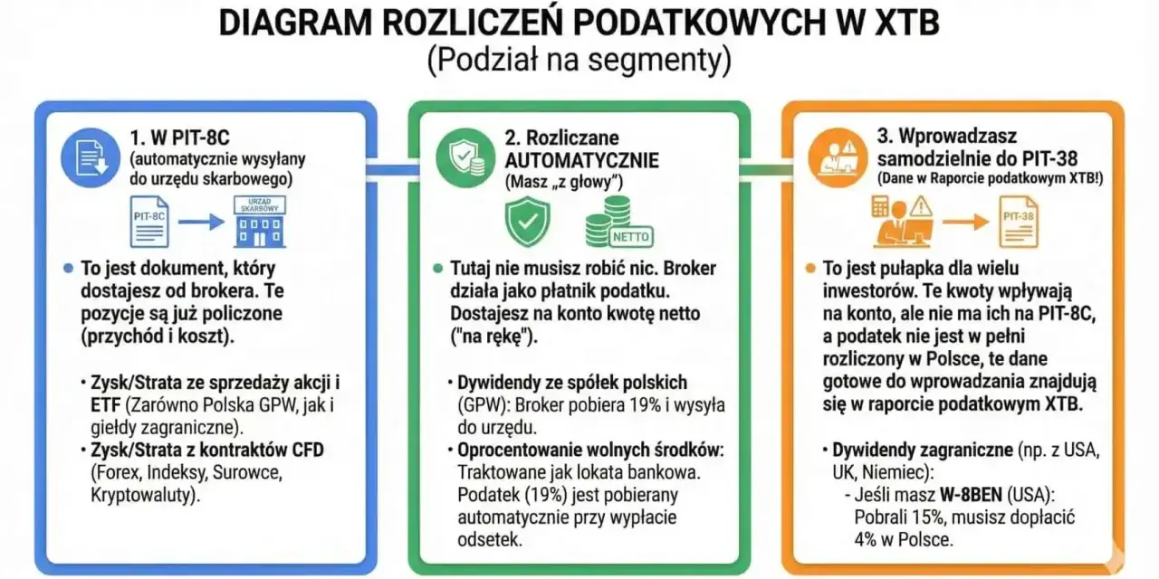 Diagram rozliczeń podatkowych w XTB: PIT-8C od brokera, rozliczenia automatyczne i samodzielne wprowadzanie danych do PIT-38.