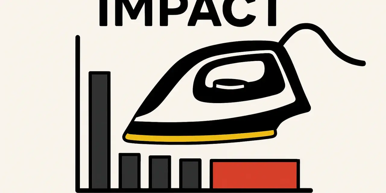 Wykres słupkowy z żelazkiem i napisem IMPACT. Ewaluacja co to? Analiza wpływu działań.