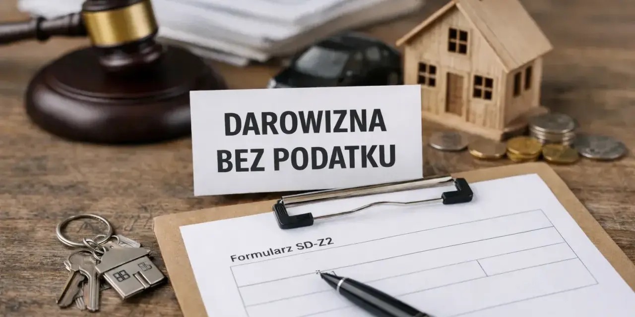 Klucze do domu, formularz SD-Z2 i tabliczka "Darowizna bez podatku" sugerują, do jakiej kwoty można zrobić przelew bez podatku.