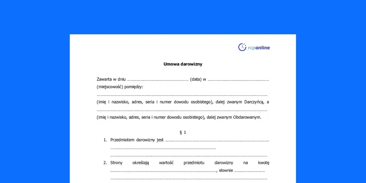 Umowa darowizny pieniędzy. Dokument zawiera dane stron, przedmiot darowizny oraz określenie wartości przekazanej kwoty.