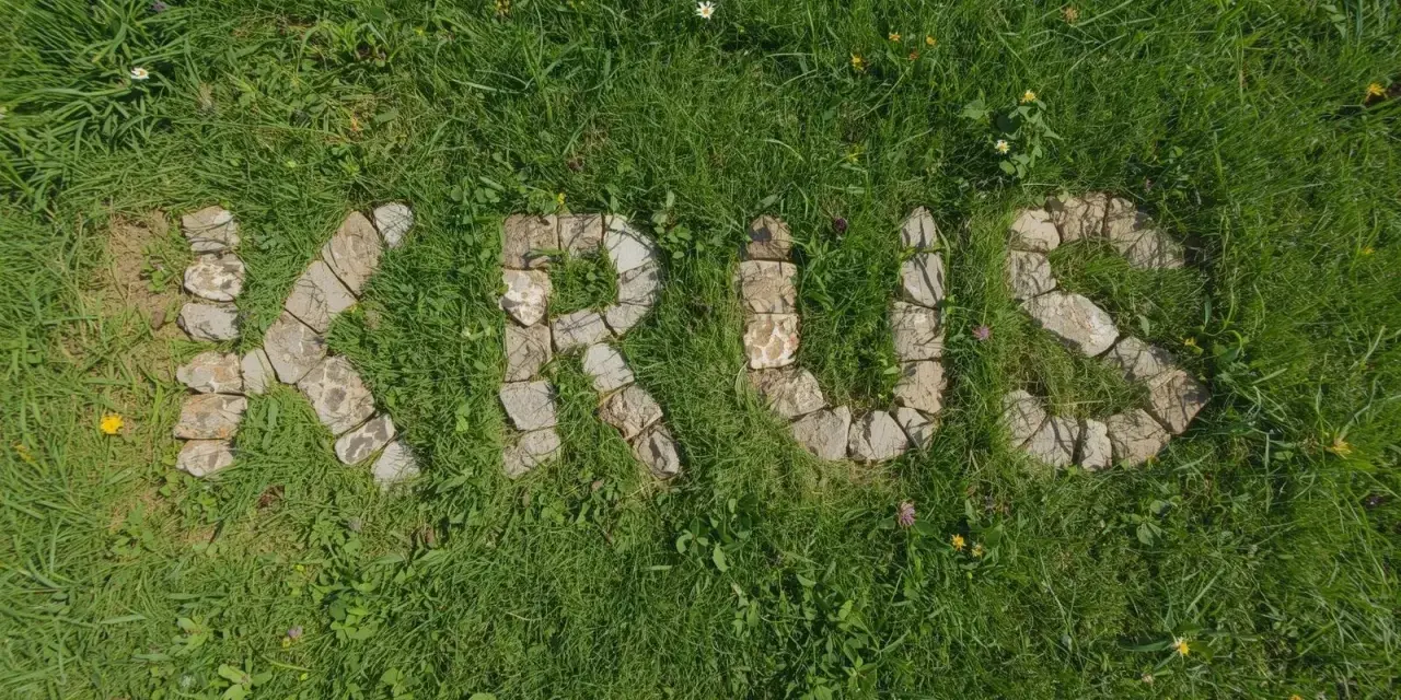 Napis "KRUS" ułożony z kamieni na trawie. Co to za krus?
