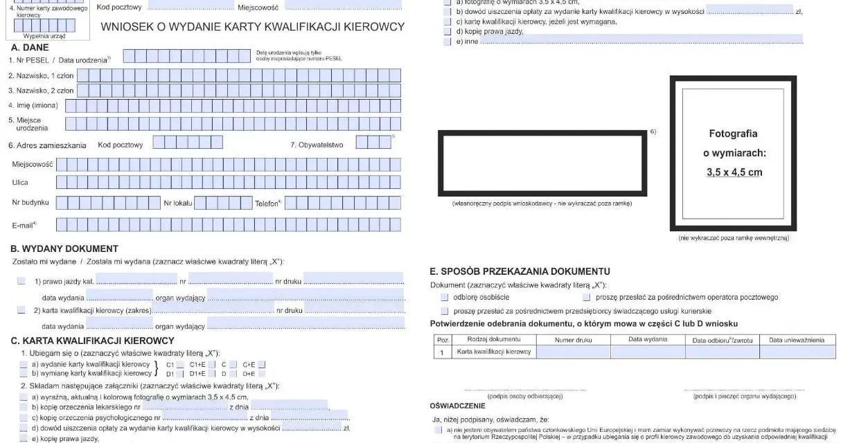 Wniosek o wydanie karty kwalifikacji kierowcy, zawierający dane osobowe, informacje o wydanych dokumentach oraz miejsce na zdjęcie.