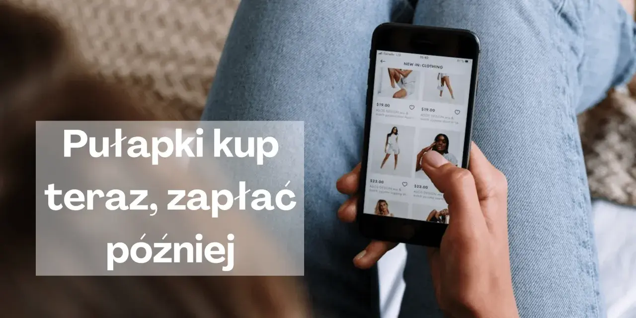Kasa zapomogowo pożyczkowa: kup teraz, zapłać później. Kobieta przegląda ubrania w aplikacji mobilnej.