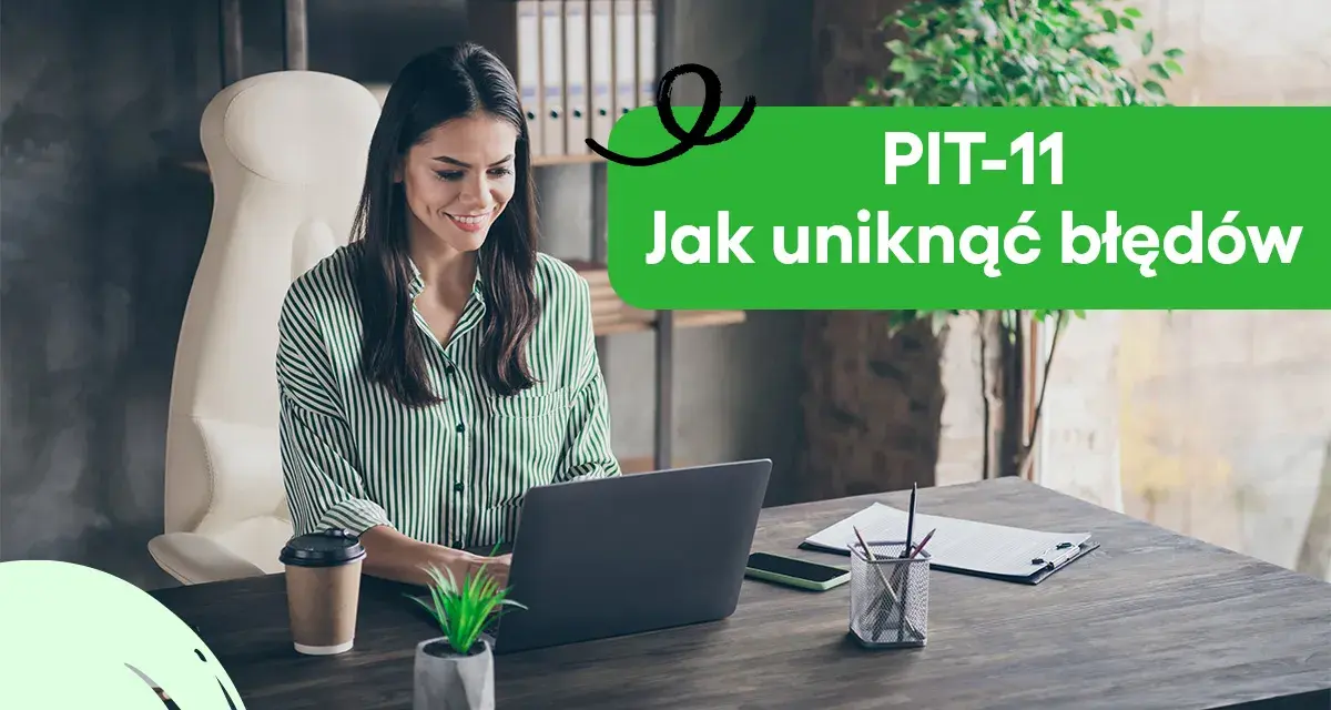 Kobieta pracuje przy laptopie, nad tekstem "PIT-11 czy trzeba rozliczać". W tle półki z dokumentami.