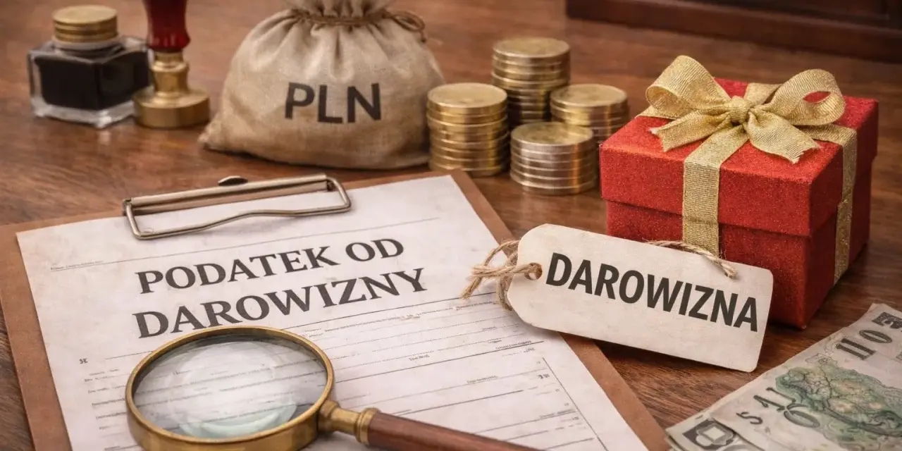 Dokument "Podatek od darowizny", lupa, worek z PLN, monety, prezent i banknoty. Zastanawiasz się, ile czasu na zgłoszenie darowizny?
