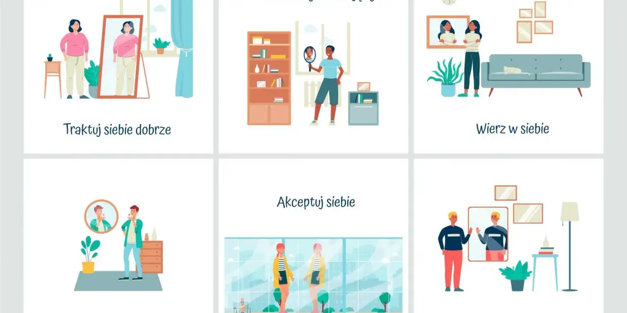 Ilustracje pokazują ludzi patrzących w lustro, ćwiczących, rozmawiających i relaksujących się, podkreślając budowanie poczucia własnej wartości.
