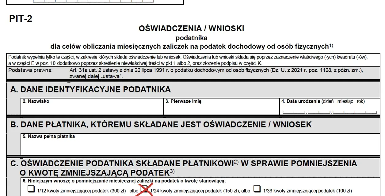 Formularz PIT-2, sekcja C: oświadczenie podatnika o kwocie zmniejszającej podatek. Zaznaczono 1/24 kwoty zmniejszającej podatek.