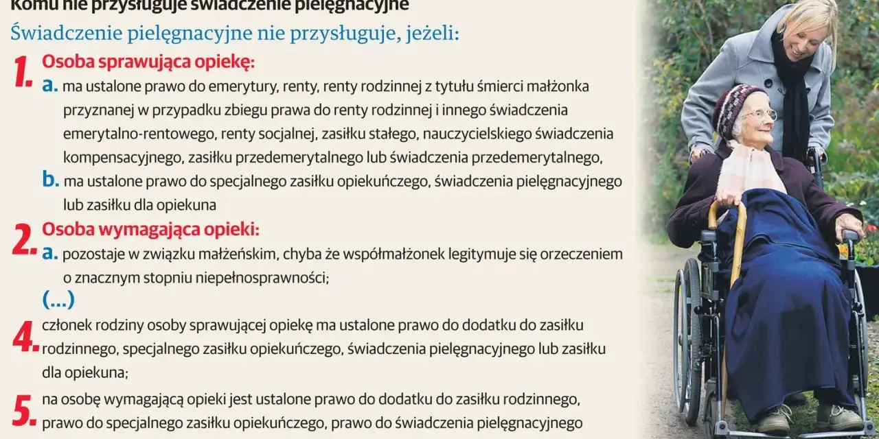 Młoda kobieta pcha wózek z seniorką. Tekst informuje o warunkach przyznawania zasiłku dla opiekuna osoby niepełnosprawnej.