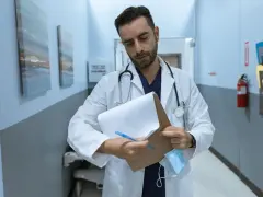Lekarz stażysta analizuje dokumentację, zastanawiając się, ile zarabia lekarz stażysta.