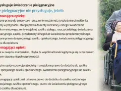 Młoda kobieta pcha wózek z seniorką. Tekst informuje o warunkach przyznawania zasiłku dla opiekuna osoby niepełnosprawnej.