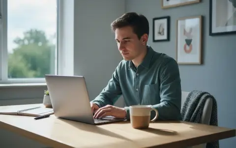 Mężczyzna pracuje na laptopie, przygotowując się do studiów magisterskich online. Na biurku notatnik i kubek kawy.
