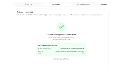 Faktura zaakceptowana przez KSeF po imporcie z pliku XML. Pokazuje status akceptacji i numer referencyjny, co jest kluczowe, jak wystawić fakturę.