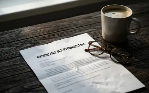 Dokument "Rozwiązanie bez wypowiedzenia" leży obok okularów i kubka kawy. Może to być zwolnienie dyscyplinarne na L4, które wymaga przemyślenia.