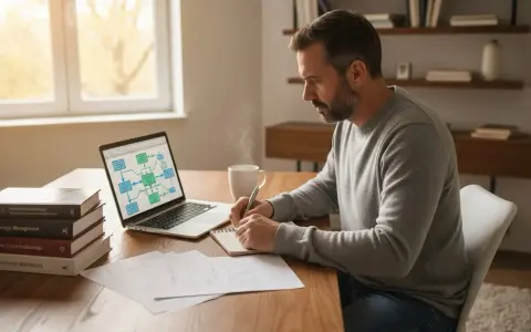 Mężczyzna pochyla się nad notatkami, pracując nad projektem. Na ekranie laptopa schemat blokowy, obok stos książek. To jego codzienne zmagania podczas studiów magisterskich.