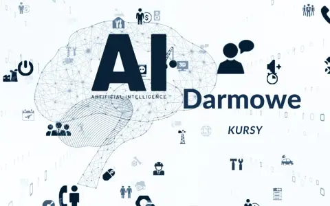 Grafika z mózgiem AI i ikonami symbolizującymi technologię, biznes i naukę. Napis "Darmowe KURSY AI" zachęca do nauki.