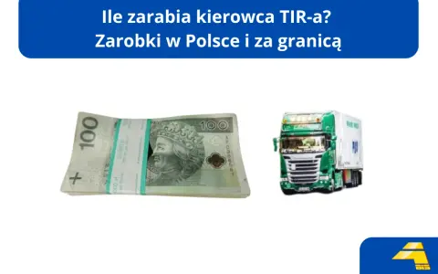 Ile zarabia kierowca tira? Stos banknotów 100 zł i zielona ciężarówka sugerują zarobki w transporcie.