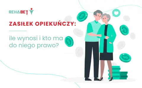 Para starszych osób, monety i tekst "ZASIŁEK OPIEKUŃCZY: ile wynosi i kto ma do niego prawo?".
