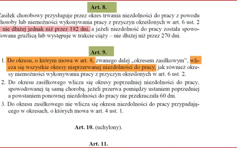 Zasiłek chorobowy trwa do 182 dni. Ponowne zwolnienie lekarskie po 182 dniach choroby jest możliwe, jeśli przerwa między zwolnieniami nie przekracza 60 dni.