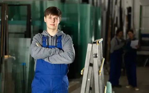 Młody pracownik w niebieskim ogrodniczkach stoi na tle magazynu szkła. Zastanawia się, od ilu lat można pracować w tym zawodzie.