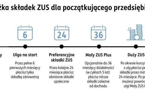 Ścieżka składek ZUS dla początkującego przedsiębiorcy: ulga na start, preferencyjne składki, Mały ZUS Plus, Duży ZUS. Informacje o składkach na ubezpieczenie społeczne.