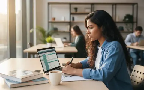 Młoda kobieta pracuje przy laptopie w jasnym biurze, obok książki i kawy.