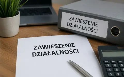 Dokumenty dotyczące zawieszenia działalności i ZUS. Na biurku leży dokument "Zawieszenie działalności", segregator z tym samym napisem, kalkulator i laptop.