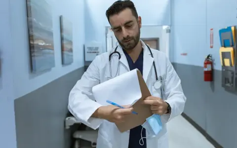 Lekarz stażysta analizuje dokumentację, zastanawiając się, ile zarabia lekarz stażysta.