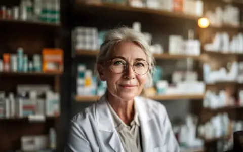 Uśmiechnięta farmaceutka w okularach, w białym fartuchu, wśród aptecznych półek. To ulga dla pracujących seniorów, którzy szukają tu wsparcia.