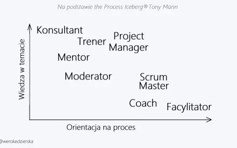 Diagram przedstawia role w procesie: Konsultant, Trener, Mentor, Moderator, Project Manager, Scrum Master, Coach i Facylitator.