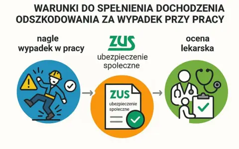 Schemat procesu dochodzenia odszkodowania za wypadek przy pracy: nagły wypadek, ubezpieczenie społeczne ZUS, ocena lekarska.